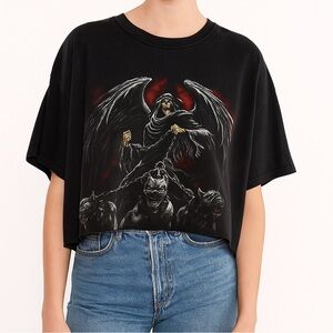 VTG Grim Reaper Hand Cropped High-Low Raw Hem Faded Black Oversized T-Shirt